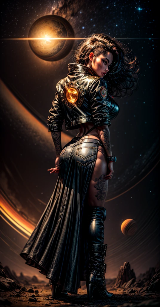 Tall Tough tattooed 40yo latina biker chick, Adult Model Daisy Marie with two strong legs dancing swirling twirling almost collapsing on Saturn's moon Calisto, looking like a creation that could actually survive there, wearing black leather graphics jacket and long leather-like denim dress that touches the ground split in the middle for riding, magic, art, wind, wind blown, spark, lightshow, fireflies, watching the rise of the distant Sun, with Saturn fully visible in the foreground, 36k resolution Kodak professional photography, hyperdetailed, Waiting to start