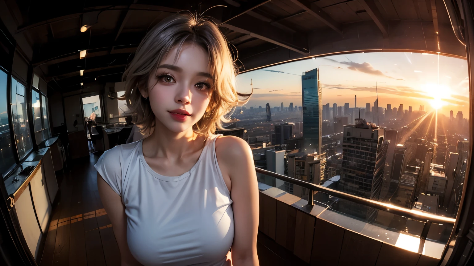 xxmixgirl,One Girl, Fisheye Lens, Selfie, Wind, Messy Hair, sunset, Cityscape, (Aesthetics and atmosphere:1.2), Gray Hair,smile, Film Girl, Short top shirt, Open your chest wide, 