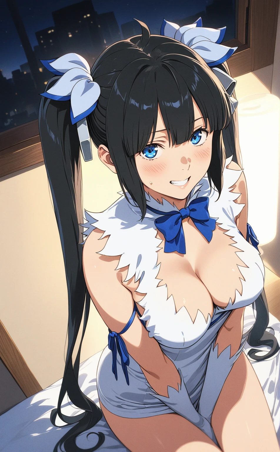 best quality, amazing quality, very aesthetic, absurdres, (1girl, hestia (danmachi),hestia \(danmachi\),long hair,blue ribbon,twintails),(blanket:1.8), (night, veil, thigh, arms between legs:1.3), (cowboy shot), (realistic face:0.7), (half closed eyes:0.9), (from above:1.5), (pinup:1.4), (blush,grin), expressive eyes, perfect face, 4k, extremely detailed anime illustration, extremely detailed eyes, perfect anatomy, light rays, extremely delicate body, smooth skin, (room background:1.5), clear eyes, beautiful face, looking at viewer, (cinematic Light:1.5), big breasts,