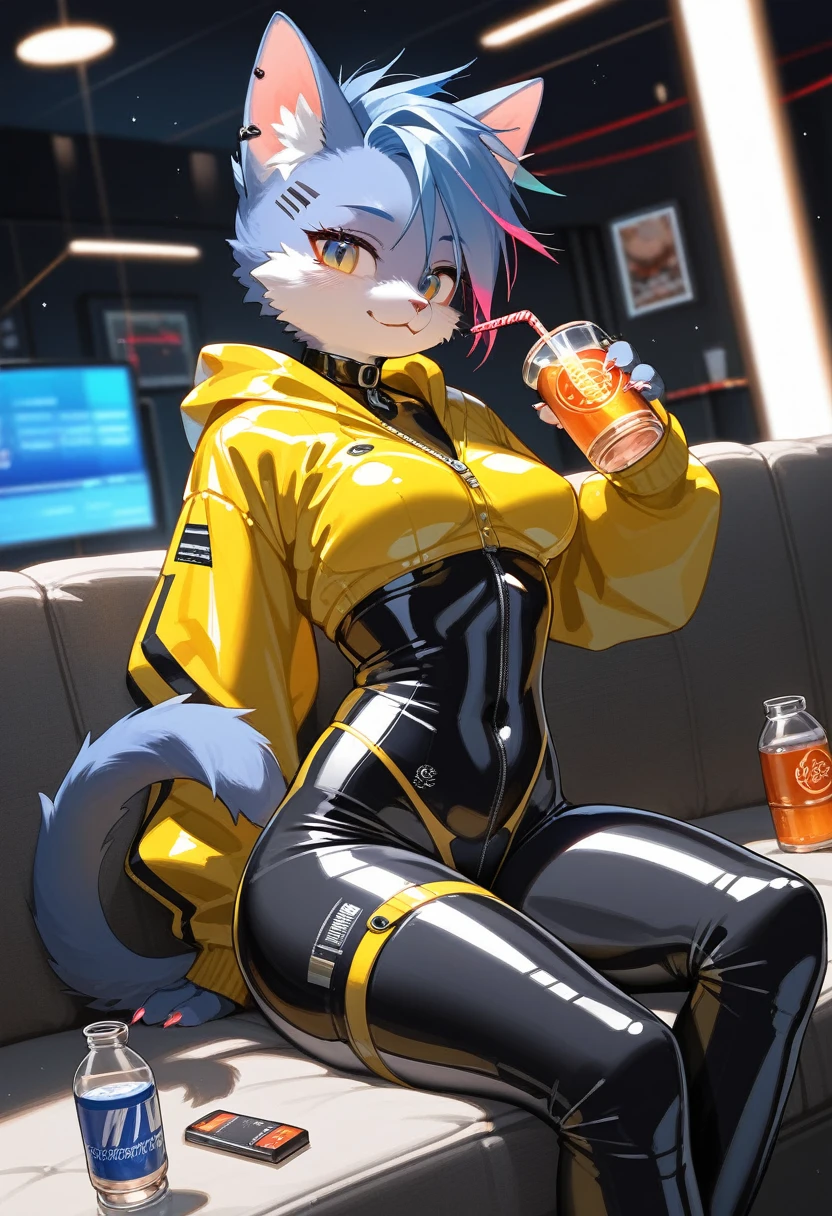 Highest quality, Highest quality, High quality illustrations, masterpiece, Ultra-high resolution, Detailed Background, room, Absurd, Perfect Anatomy, performance, Good lighting, Shadows in the movies(kemono, Furry PersonifiCation), Cat, Rubber Suit, latex, neon, neonライト, neonカラー, Bodysuits, Cyber Suit, cyber punk, Yellow Rubber Hoodie, Sit on the sofa, Drink a bottle, Earrings, Tattoo, Dynamic Angle