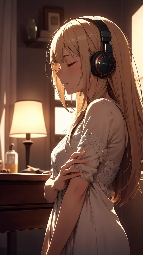 Close-up shot of a girl's profile, gazing off-camera with her eyes closed and a subtle smile as she listens to music on headphones. The dimly lit room is bathed in a warm, soft glow from a table lamp or string lights. Her relaxed posture and gentle expression convey a sense of serenity and escape into the musical world.