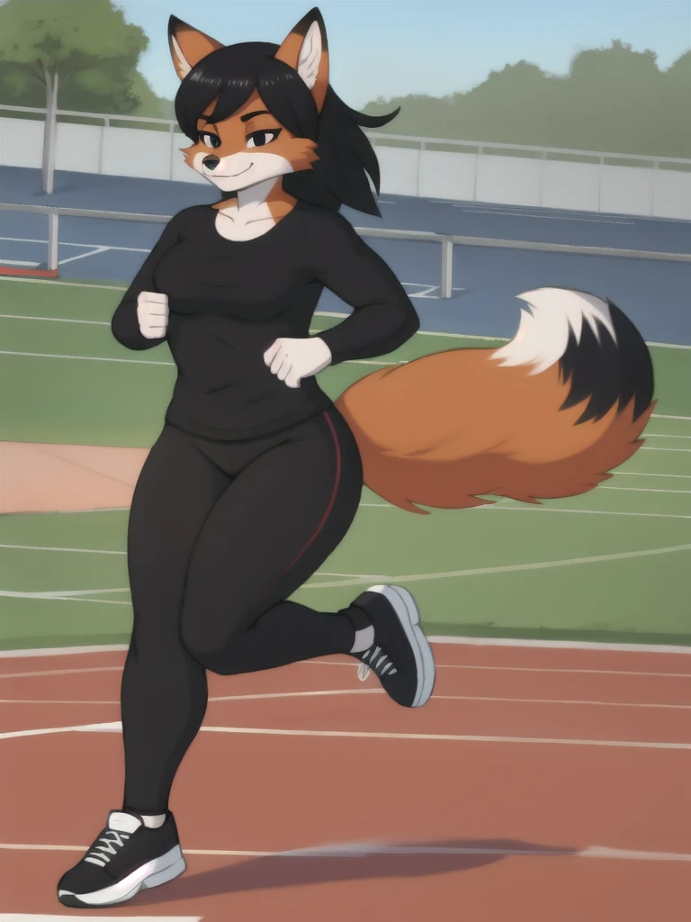 Furry, fox, female, black shirt, black leggings, shoes, running track, solo, full body