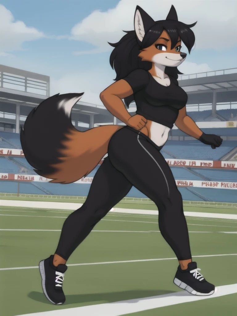 Furry, fox, female, black shirt, black leggings, shoes, running track, solo, full body