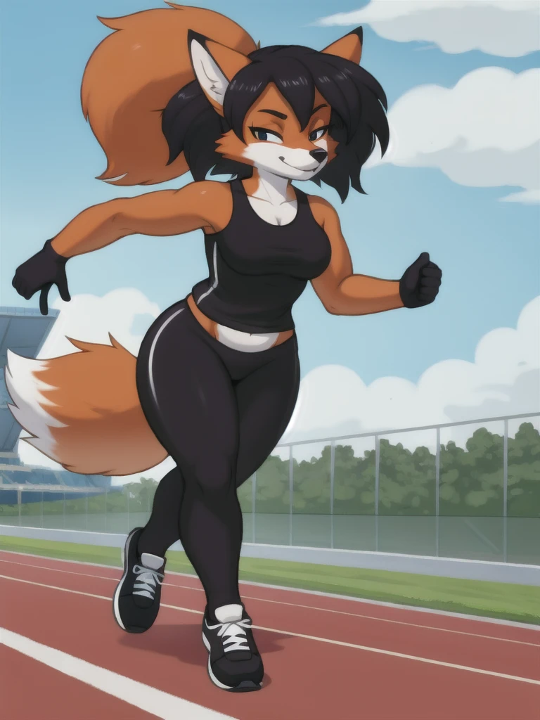 Furry, fox, female, black shirt, black leggings, shoes, running track, solo, full body