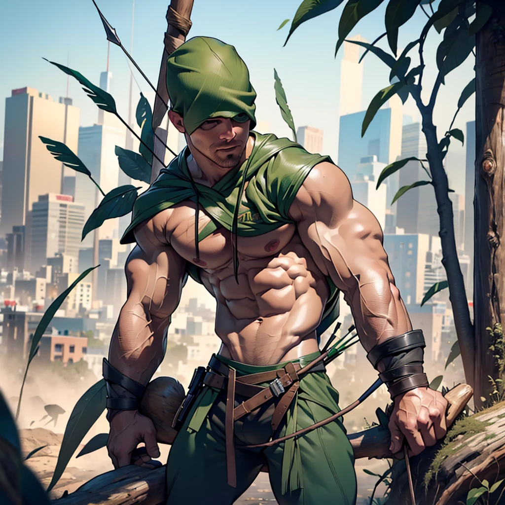 NSFW , 32k, high quality , detailed face , detailed fingers ,detailed muscles, detailed cock , (((stephen amell))) as green arrow , totally naked , no cloth, showing balls and a hard cock, , showing a dark blond short hair , a thick facial hair , hard nipples, ,hunk and handsome, shooting with his bow and arrow toward the enemy , with the quiver on his back full of arrows , spread legs 