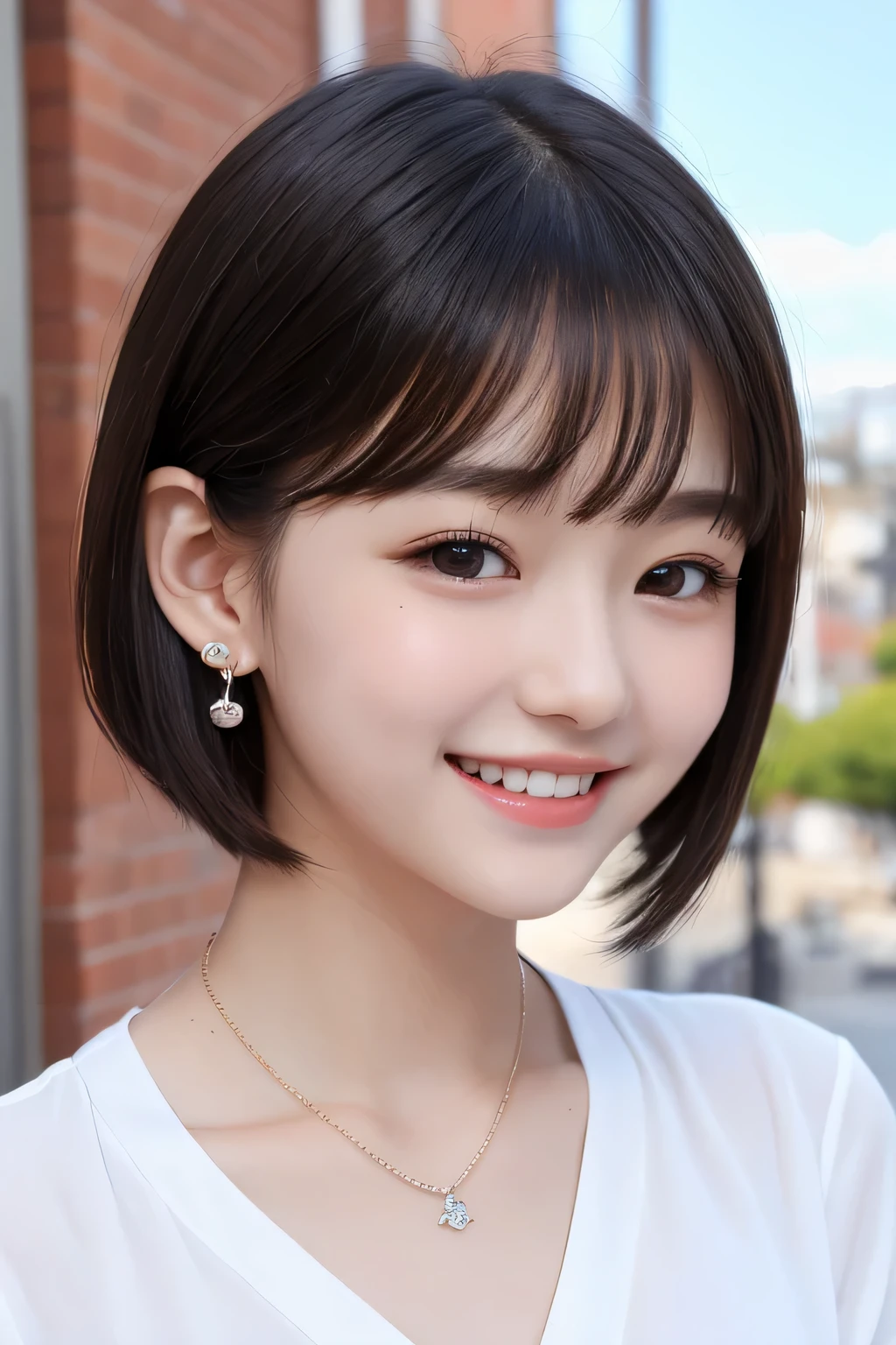 masutepiece, Best Quality, One girl, (a beauty girl, Delicate girl:1.3), (16 years old:1.3), Very fine eye definition, ),smile、Beautiful teeth alignment、Black Hair、Short Haircut、Long sleeve blouse、Ear piercing、necklace, , face focus、Background building passage