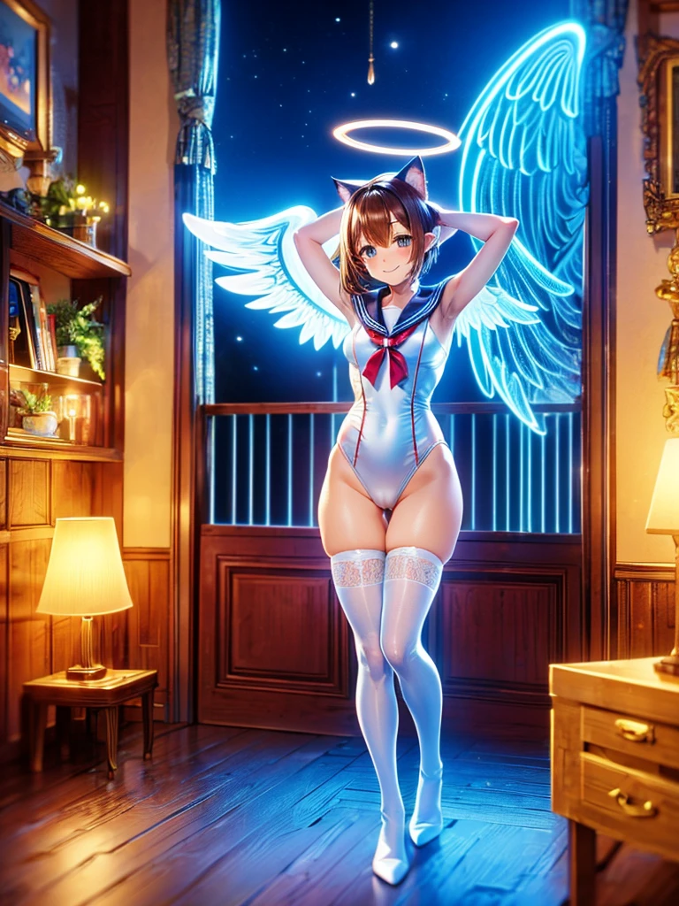 Highest quality,Highest Resolution,Smiling cat-eared girl in sailor leotard,White angel wings on your back,Halo,High leg,Knee-high stockings,front,whole body,Standing posture,up,Very beautiful eyes,(((Place your hands behind your head.))),Bedroom,Night view outside the window,Brown hair short bob,Red tie,