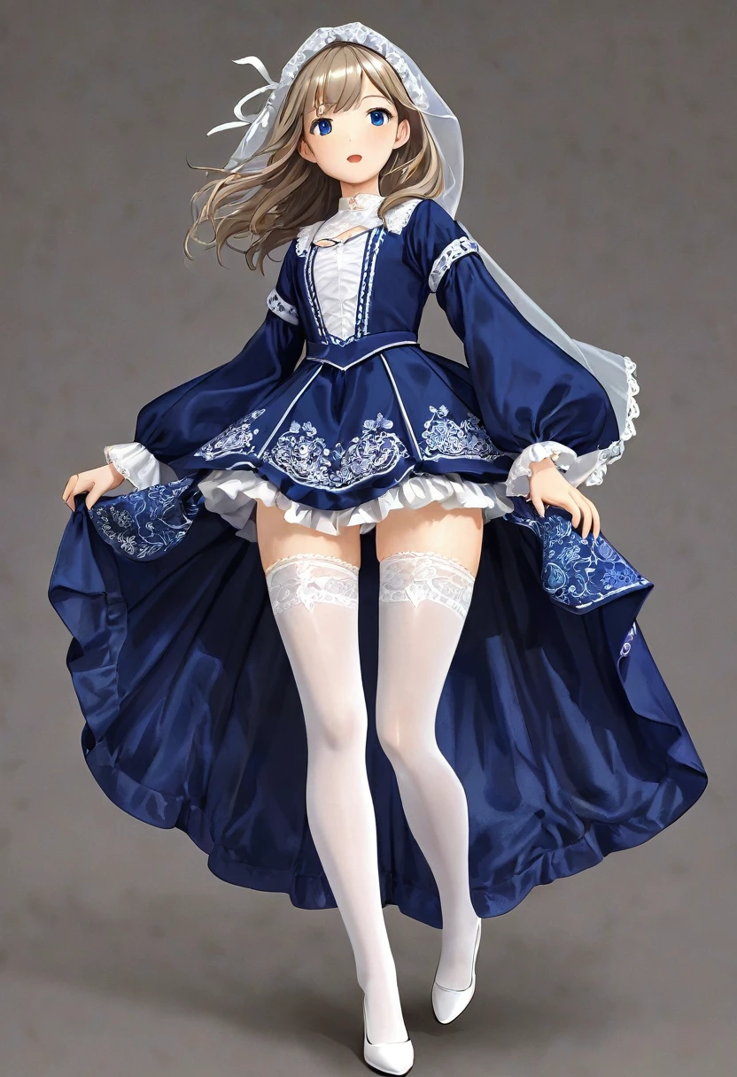 10 year old girl underwear, Realistic panties made from patterned cotton fabric, A vibrant dark blue one-piece medieval dress with white embroidery and panniers, Fabric Realism, Low - Angle, You can see the drawer, Pull up the dress by hand, Strong winds, Translucent slip, Translucent slip, tights, Highest quality, Crotch close-up, whole body, Skirt lining
