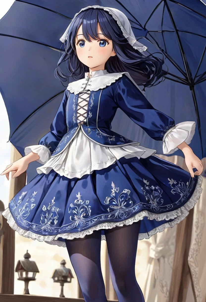 10 year old girl underwear, Realistic panties made from patterned cotton fabric, A vibrant dark blue one-piece medieval dress with white embroidery and panniers, Fabric Realism, Low - Angle, You can see the drawer, Pull up the dress by hand, Strong winds, Translucent slip, Translucent slip, tights, Highest quality, Crotch close-up, whole body, Skirt lining