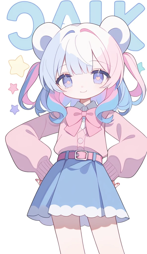 1girl,solo,core_9,score_8_up,score_7_up,Expressiveh,rating_safe,(masterpiece, best quality), blue jean skirt with pink belt,pastel pink cardigan with buttons and a pastel pink bow,pastel multicolor hair, purple eyes, tiny bear ears, bear ears,pastel rainbow hair, star shaped eyes, proud smile, cute, hands on hips pose,