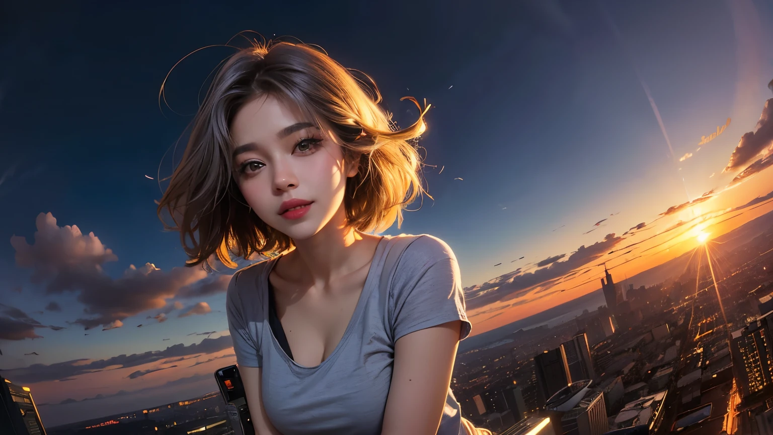 xxmixgirl,One Girl, Fisheye Lens, Selfie, Wind, Messy Hair, sunset, Cityscape, (Aesthetics and atmosphere:1.2), Gray Hair,smile, Film Girl, Short top shirt, Open your chest wide,