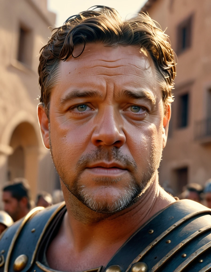 a hyper-realistic GoPro selfie of young Russell Crowe on the Gladiator set, expressive eyes, perfect face, highly detailed eyes, detailed features, photographic 35mm shot, golden hour, cinematic lightning, extreme realism , realistic, sweat, pastel-colored background, The image, captured in stunning Ultra HD, Nikon D850
