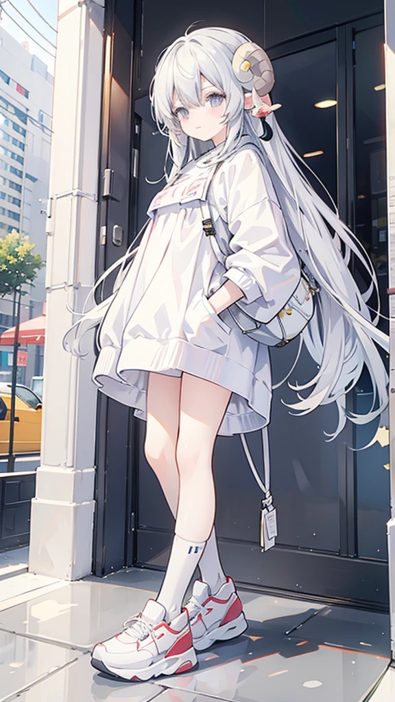 Sheep themed characters, Wearing big sneakers, サイバーパンク, Ram&#39;s horn, Keep the background simple, Magazine cover design, パステルピンクのイメージカラー, Keep the background simple, cloud hair, light smile, closed eyes, Plain background, Magazine Cover, ピンクのイメージカラー, Pastel pink hair, projected inset, UHD, highres, best quality, 8k
