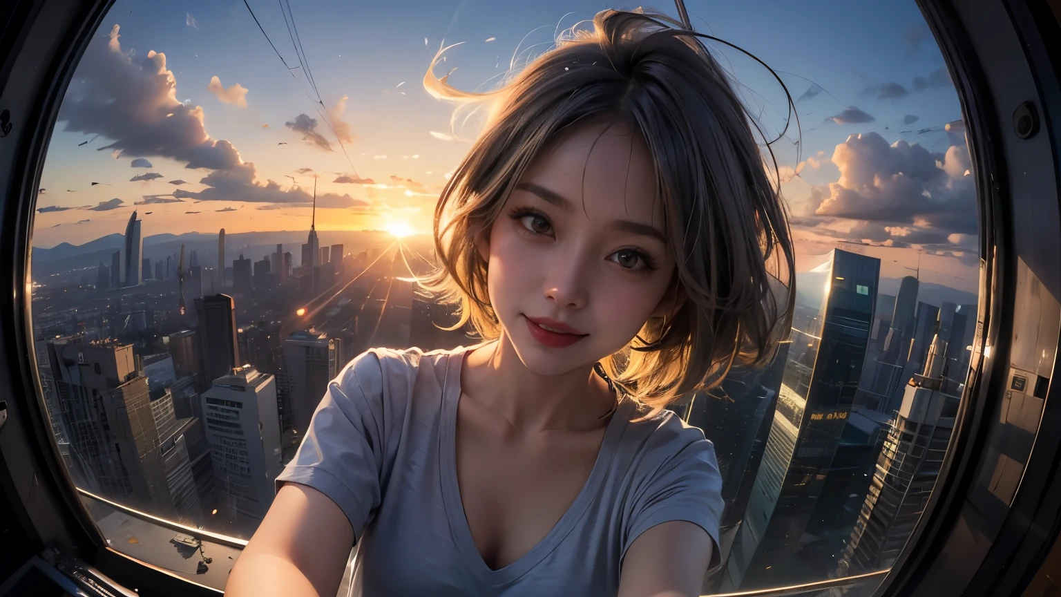 xxmixgirl,One Girl, Fisheye Lens, Selfie, Wind, Messy Hair, sunset, Cityscape, (Aesthetics and atmosphere:1.2), Gray Hair,smile, Film Girl, Short top shirt, Open your chest wide,