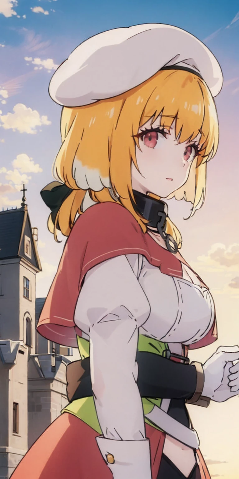 masterpiece, best quality, beret, pink capelet, pink tunic, white pants, brown gloves, upper body, sunset, gothic architecture, castle, clouds, looking at viewer, from side, shy, add details, very detailed, wearing metal collar, bracers, shackles