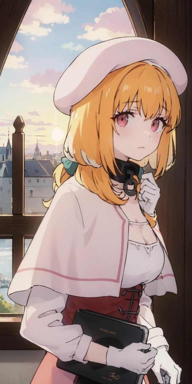 masterpiece, best quality, beret, pink capelet, pink tunic, white pants, brown gloves, upper body, sunset, gothic architecture, castle, clouds, looking at viewer, from side, shy, add details, very detailed, wearing metal collar, bracers, shackles