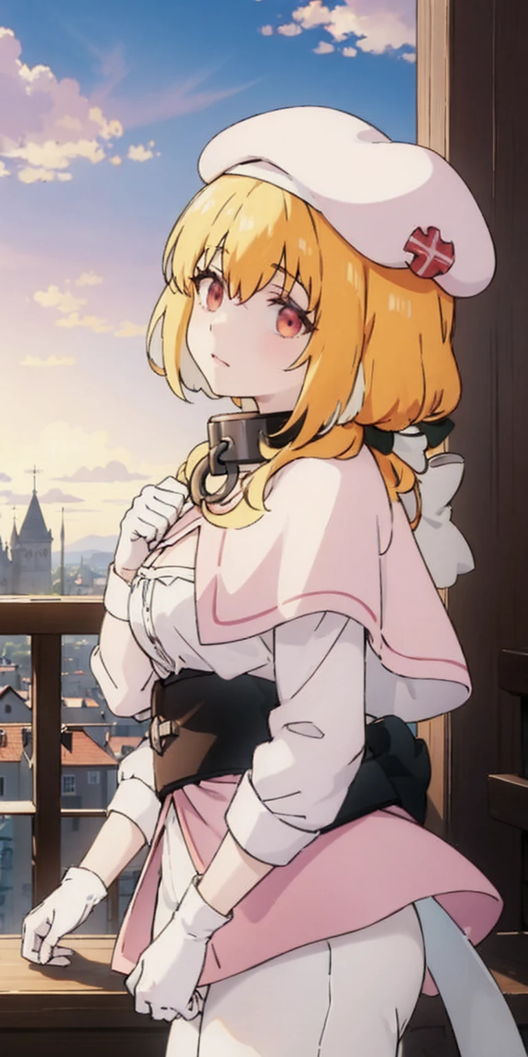 masterpiece, best quality, beret, pink capelet, pink tunic, white pants, brown gloves, upper body, sunset, gothic architecture, castle, clouds, looking at viewer, from side, shy, add details, very detailed, wearing metal collar, bracers, shackles
