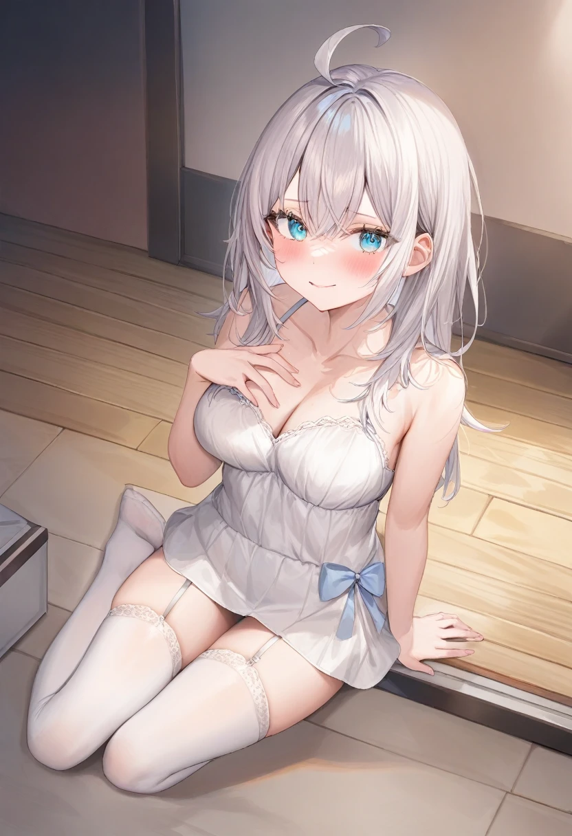 A girl, alisa mikhailovna kujo,tomorrow,alone, by the wide, Eyebrows visible through hair., hair between the eyes, silver hair, blue eyes, medium chest,white underwear,long white stockings, white underwear, without clothes See your viewers, of the highest quality, so beautiful