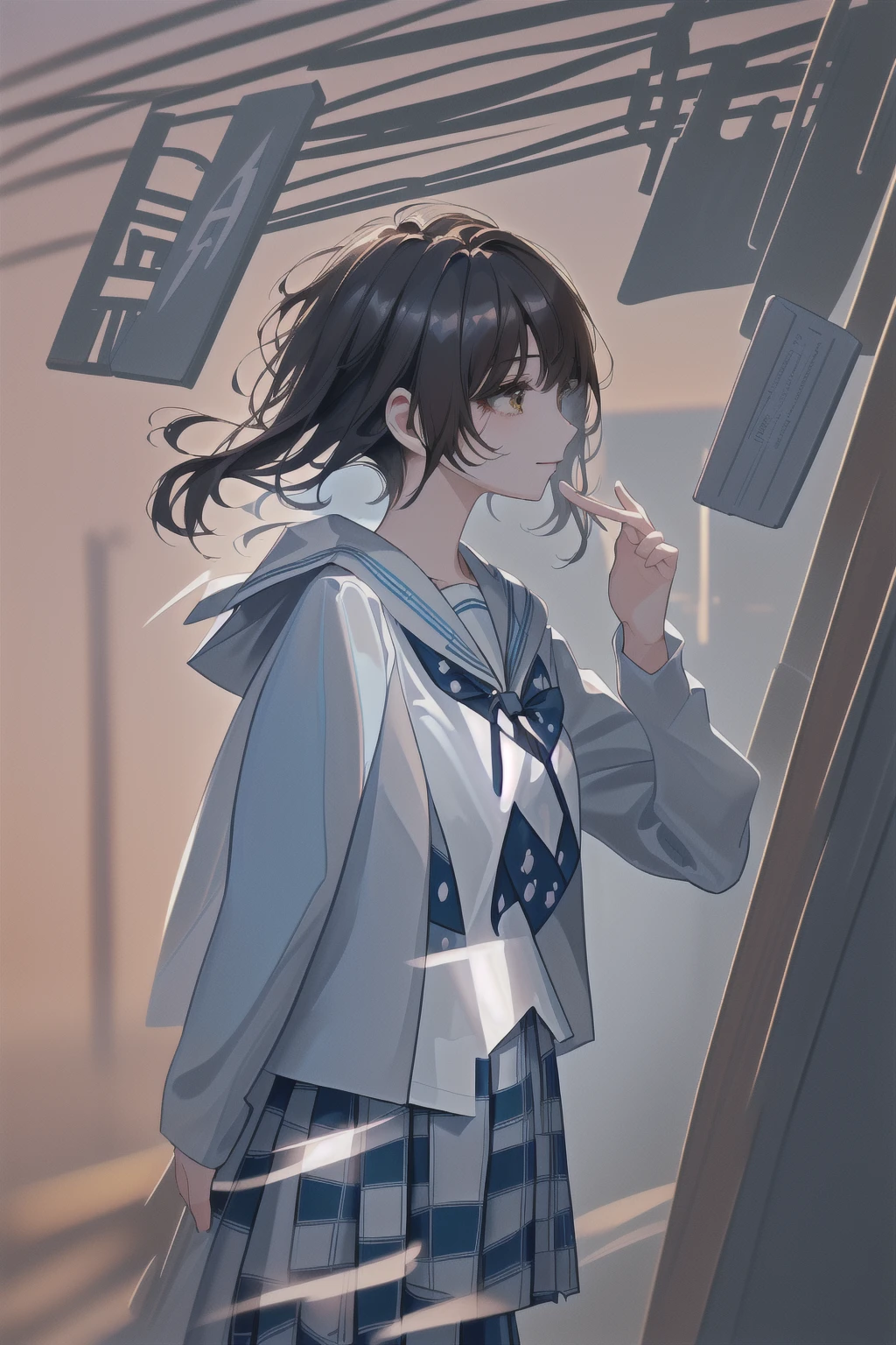 concept:Woman taking selfie. quality:(最高quality, 4K, High resolution, masterpiece:1.2), Very detailed, (Genuine, photoGenuineistic:1.37). illumination:Bright colors, Bright colors and mesmerizing effects, (Warm sunshine), 柔らかく繊細なillumination, Gentle glow, Lens flare, The overall atmosphere is beautiful and gentle... Thematic Intelligence:alone, ((young woman)), (Round eyes), (Small face), (Skin with attention to detail:1.2), Long eyelashes, Glossy Lips, (Brown Hair, Long Wavy Hair, Brown eyes), (Slim figure, Happy expression), (((In front of the mirror))), ((Shooting with a smartphone:1.2)), (Gazing Eyes:1.5, take a picture), Hold your cell phone in front of your face, (((High School Uniform:1.2, Grey jacket, Open jacket, White shirt, Dark blue checked skirt, Captivating thighs))), smile, Happy, charm. Other details:Take a selfie through the mirror, Reflected in the full-length mirror, Genuineなレンダリング, Natural pose,,((Hold your cell phone in front of your face)), charmなsmile, A fun connection, Exquisite texture, Perfect composition, Happy moments, Beautiful Skin, Glowing Skin, Perfect Fingers, Five Fingers, Anatomically correct, Smartphone Photos.,In a completely different expression。