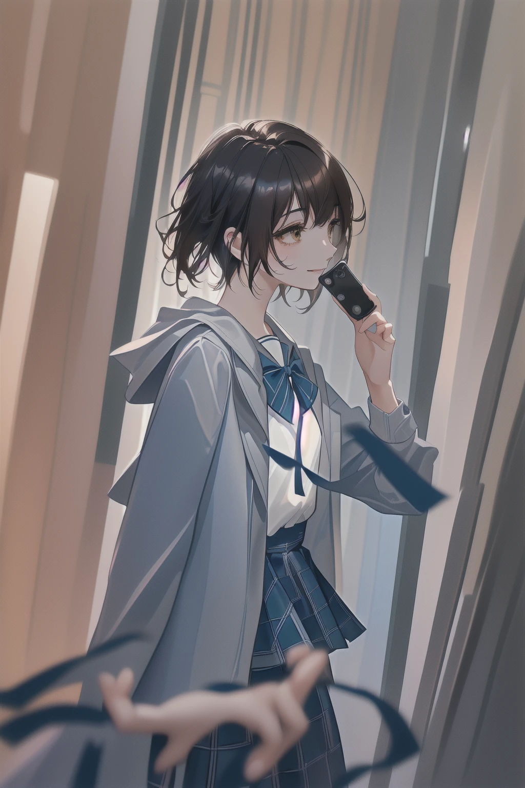 concept:Woman taking selfie. quality:(最高quality, 4K, High resolution, masterpiece:1.2), Very detailed, (Genuine, photoGenuineistic:1.37). illumination:Bright colors, Bright colors and mesmerizing effects, (Warm sunshine), 柔らかく繊細なillumination, Gentle glow, Lens flare, The overall atmosphere is beautiful and gentle... Thematic Intelligence:alone, ((young woman)), (Round eyes), (Small face), (Skin with attention to detail:1.2), Long eyelashes, Glossy Lips, (Brown Hair, Long Wavy Hair, Brown eyes), (Slim figure, Happy expression), (((In front of the mirror))), ((Shooting with a smartphone:1.2)), (Gazing Eyes:1.5, take a picture), Hold your cell phone in front of your face, (((High School Uniform:1.2, Grey jacket, Open jacket, White shirt, Dark blue checked skirt, Captivating thighs))), smile, Happy, charm. Other details:Take a selfie through the mirror, Reflected in the full-length mirror, Genuineなレンダリング, Natural pose,,((Hold your cell phone in front of your face)), charmなsmile, A fun connection, Exquisite texture, Perfect composition, Happy moments, Beautiful Skin, Glowing Skin, Perfect Fingers, Five Fingers, Anatomically correct, Smartphone Photos.,In a completely different expression。