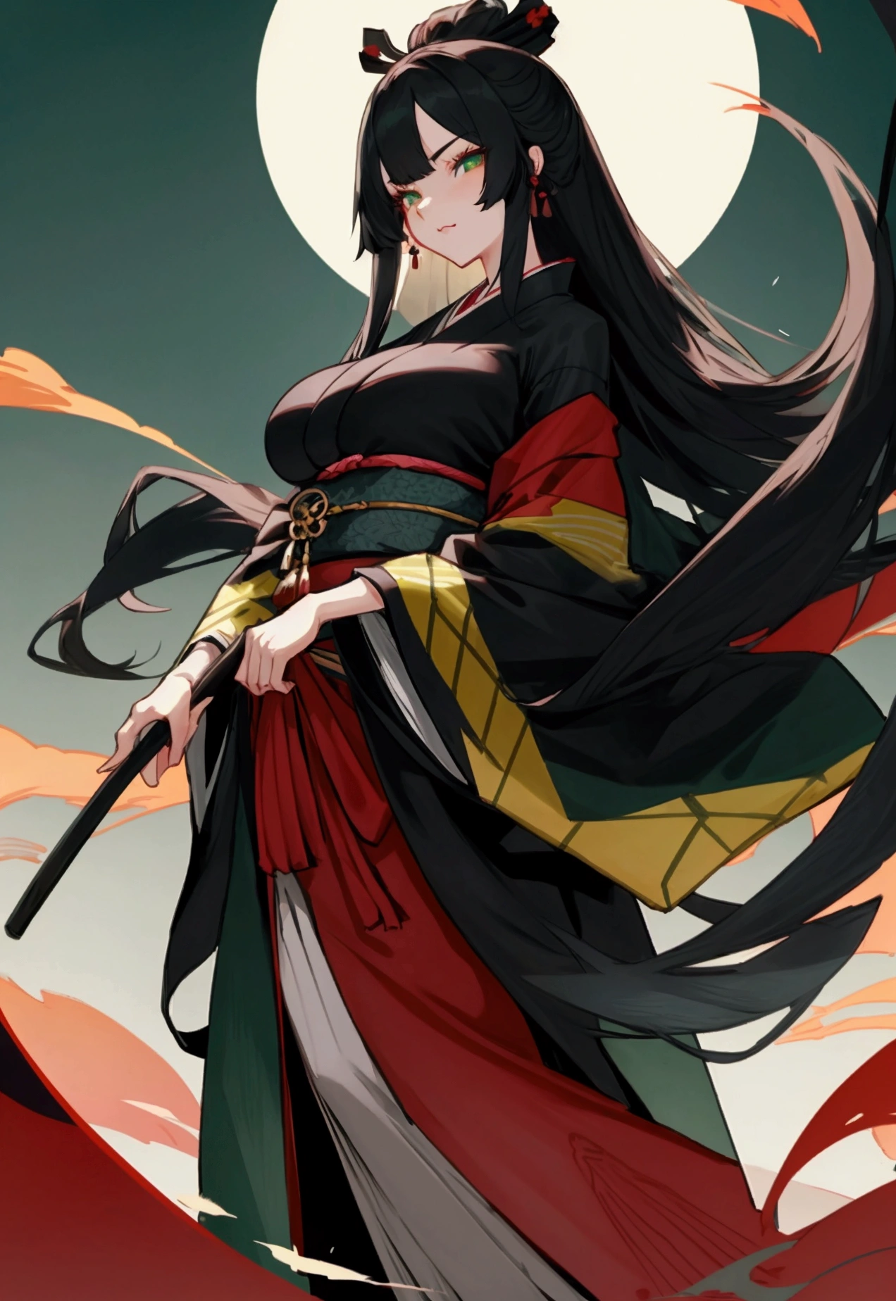 Black long hair, green eyes, beautiful eyes, beautiful kimono, Japan, 180 cm body height, 18 year old, female, big breasts, correct ???????