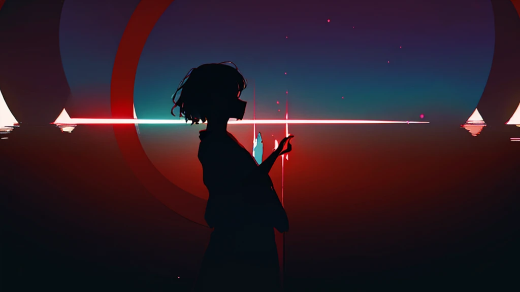 A silhouette in a meditative pose is painted black, standing out against a bright, colorful background. Chakras are represented as gradient circles, ranging from red at the base to violet at the top, emitting subtle glows. Abstract and organic patterns surround the silhouette, evoking nature and harmony. The painting captures the balance and inner peace of the chakras and yoga in a minimalist and evocative artistic composition..