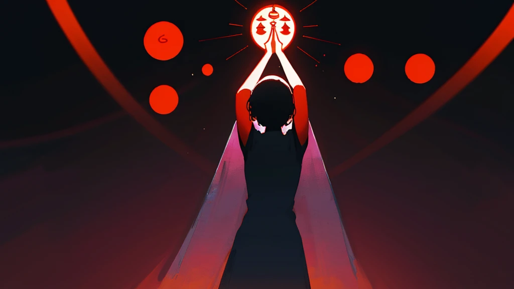 A silhouette in a meditative pose is painted black, standing out against a bright, colorful background. Chakras are represented as gradient circles, ranging from red at the base to violet at the top, emitting subtle glows. Abstract and organic patterns surround the silhouette, evoking nature and harmony. The painting captures the balance and inner peace of the chakras and yoga in a minimalist and evocative artistic composition..