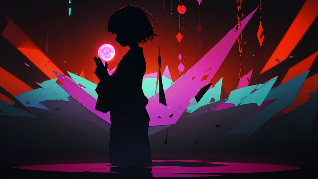 A silhouette in a meditative pose is painted black, standing out against a bright, colorful background. Chakras are represented as gradient circles, ranging from red at the base to violet at the top, emitting subtle glows. Abstract and organic patterns surround the silhouette, evoking nature and harmony. The painting captures the balance and inner peace of the chakras and yoga in a minimalist and evocative artistic composition..