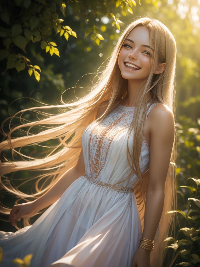 woman posing for a photo, Laugh, Happy, Long hair, Straight hair, finely detailed skin, During the day, A hot summer day, Nature lighting, detailed face:1.2, sharp focus, Hasselblad photography, masterpiece, Light makeup, cinematic lighting, 4k, best quality