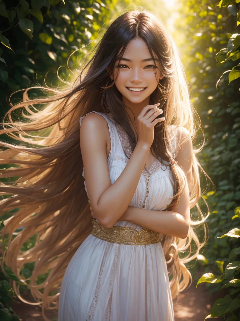 woman posing for a photo, Laugh, Happy, Long hair, Straight hair, finely detailed skin, During the day, A hot summer day, Nature lighting, detailed face:1.2, sharp focus, Hasselblad photography, masterpiece, Light makeup, cinematic lighting, 4k, best quality