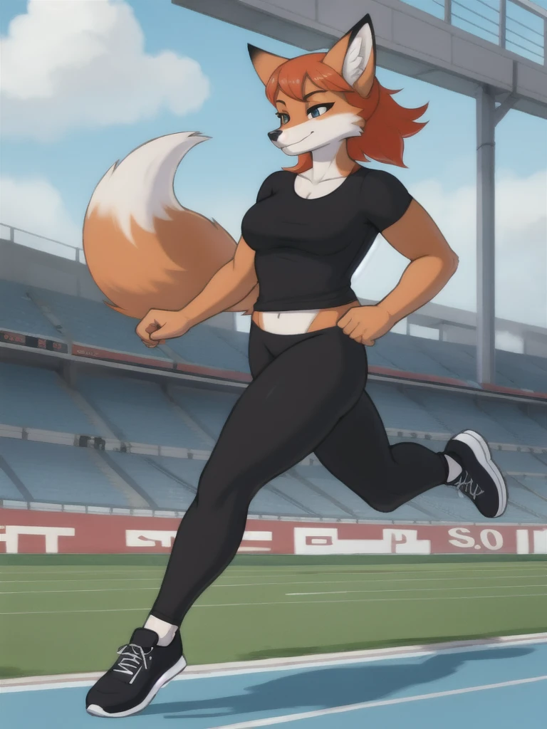 Furry, fox, female, black shirt, black leggings, shoes, running track, solo, full body