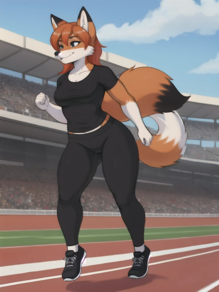 Furry, fox, female, black shirt, black leggings, shoes, running track, solo, full body