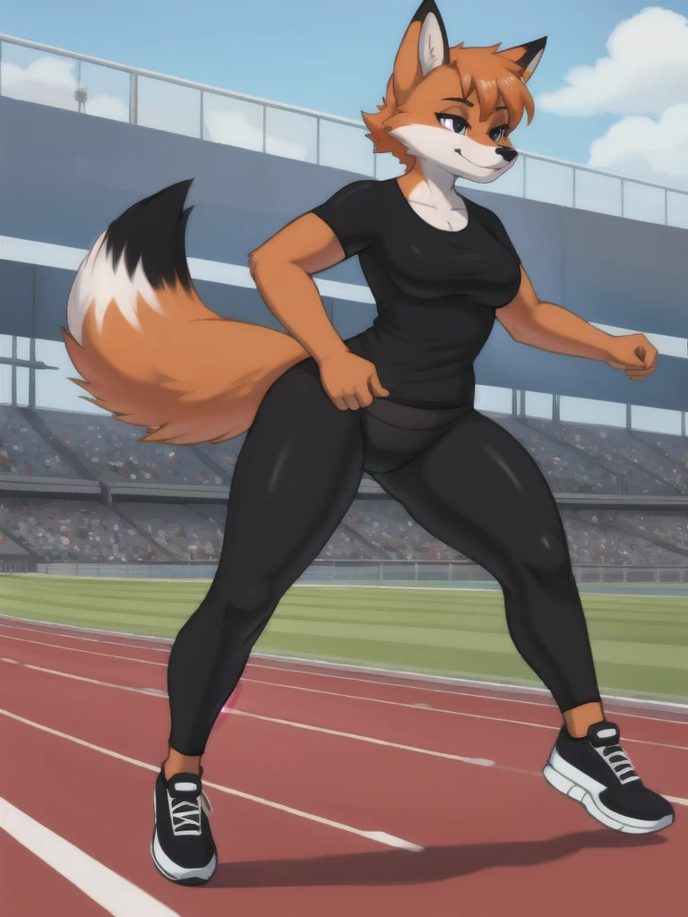 Furry, fox, female, black shirt, black leggings, shoes, running track, solo, full body