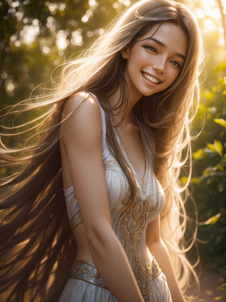 woman posing for a photo, Laugh, Happy, Long hair, Straight hair, finely detailed skin, During the day, A hot summer day, Nature lighting, detailed face:1.2, sharp focus, Hasselblad photography, masterpiece, Light makeup, cinematic lighting, 4k, best quality