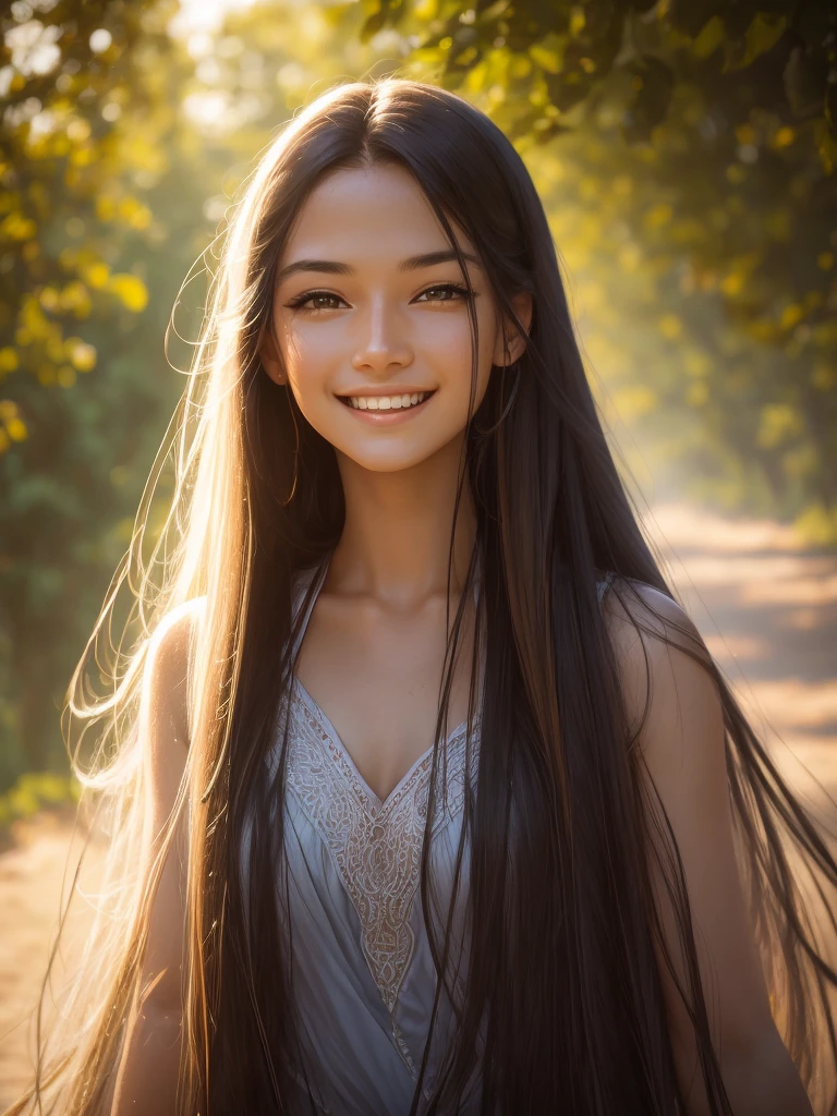 woman posing for a photo, Laugh, Happy, Long hair, Straight hair, finely detailed skin, During the day, A hot summer day, Nature lighting, detailed face:1.2, sharp focus, Hasselblad photography, masterpiece, Light makeup, cinematic lighting, 4k, best quality