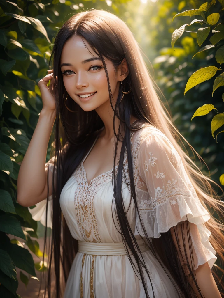 woman posing for a photo, Laugh, Happy, Long hair, Straight hair, finely detailed skin, During the day, A hot summer day, Nature lighting, detailed face:1.2, sharp focus, Hasselblad photography, masterpiece, Light makeup, cinematic lighting, 4k, best quality