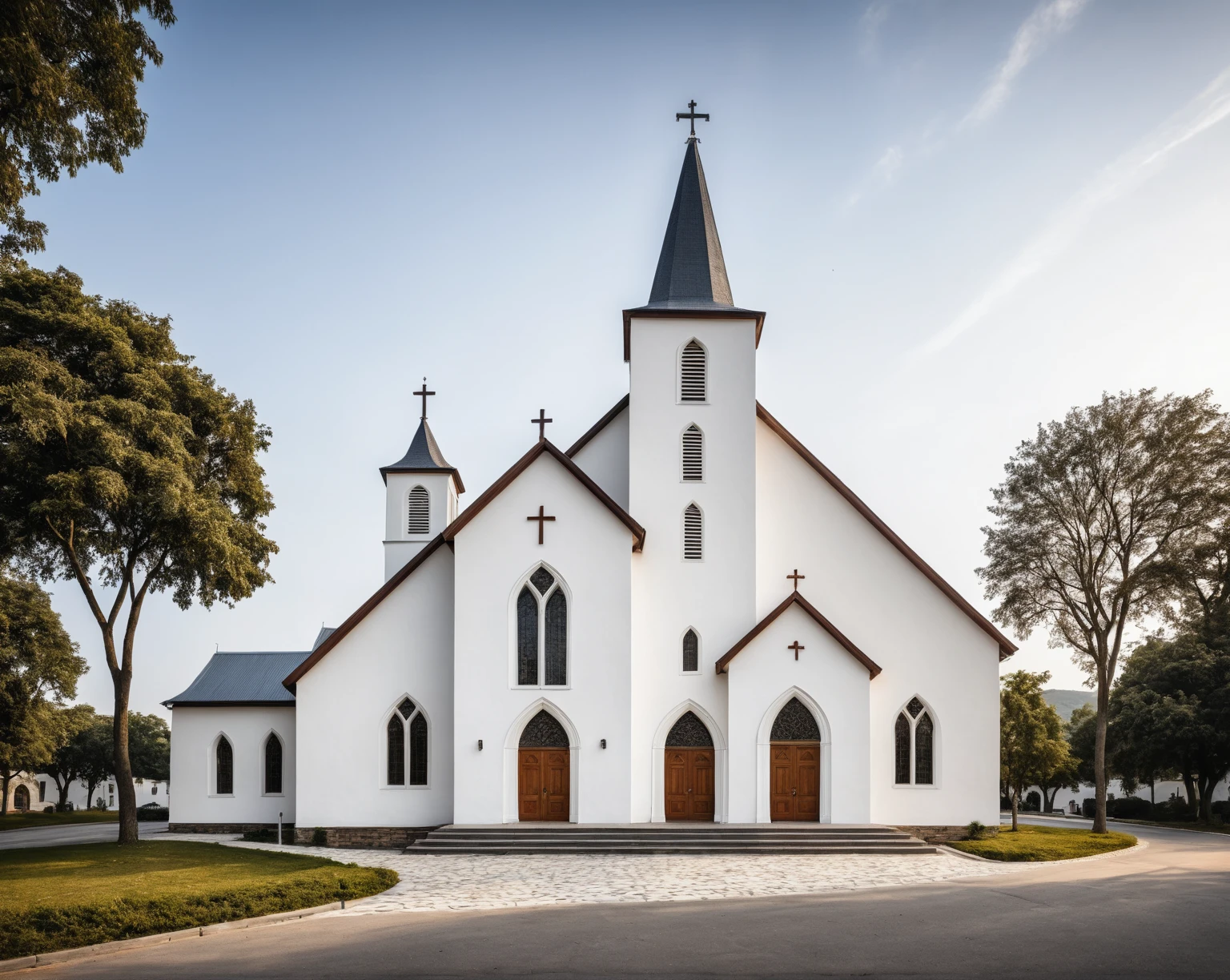 raw photo, best quality, ultra realistic, masterpiece, best quality skin, photography hd, dslr,
   tcs, httlvn, modern church, road, people, house, facade design, outdoors, church, white walls, cross on top, 