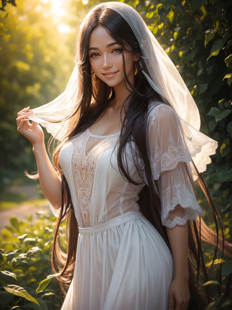 woman posing for a photo, Laugh, Happy, Long hair, Straight hair, finely detailed skin, During the day, A hot summer day, Nature lighting, detailed face:1.2, sharp focus, Hasselblad photography, masterpiece, Light makeup, cinematic lighting, 4k, best quality