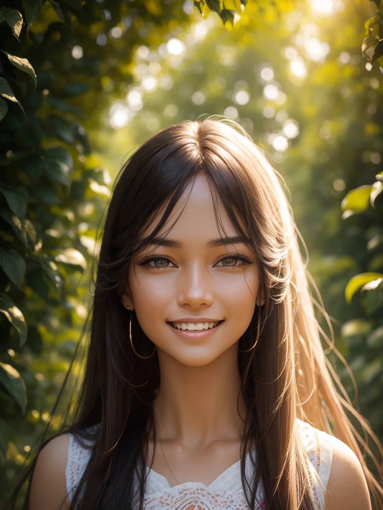 woman posing for a photo, Laugh, Happy, Long hair, Straight hair, finely detailed skin, During the day, A hot summer day, Nature lighting, detailed face:1.2, sharp focus, Hasselblad photography, masterpiece, Light makeup, cinematic lighting, 4k, best quality