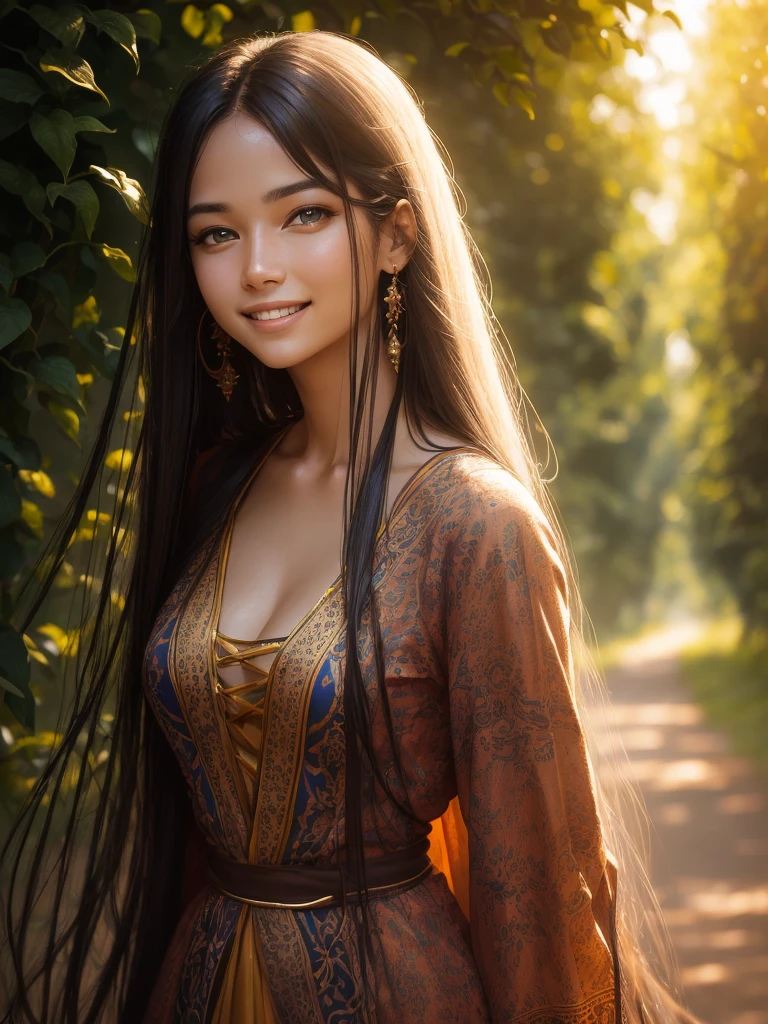 woman posing for a photo, Laugh, Happy, Long hair, Straight hair, finely detailed skin, During the day, A hot summer day, Nature lighting, detailed face:1.2, sharp focus, Hasselblad photography, masterpiece, Light makeup, cinematic lighting, 4k, best quality