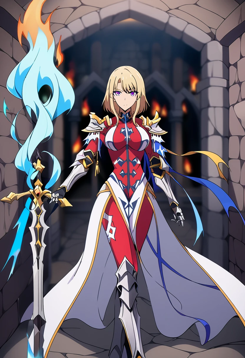 score_9, score_8_up, score_7_up,
ChaHaeInSL,
1girl, solo, closed mouth,
blonde hair, medium hair, purple eyes,
ChaHaeInArmor, red bodysuit, shoulder armor, gauntlets, armored boots, military, pelvic curtain, holding sword,
(standing:1.2), looking at the viewer, crossed legs,
indoors, dungeon, stone wall, wall, stone, blurry background, (blue fire, torch:1.2)