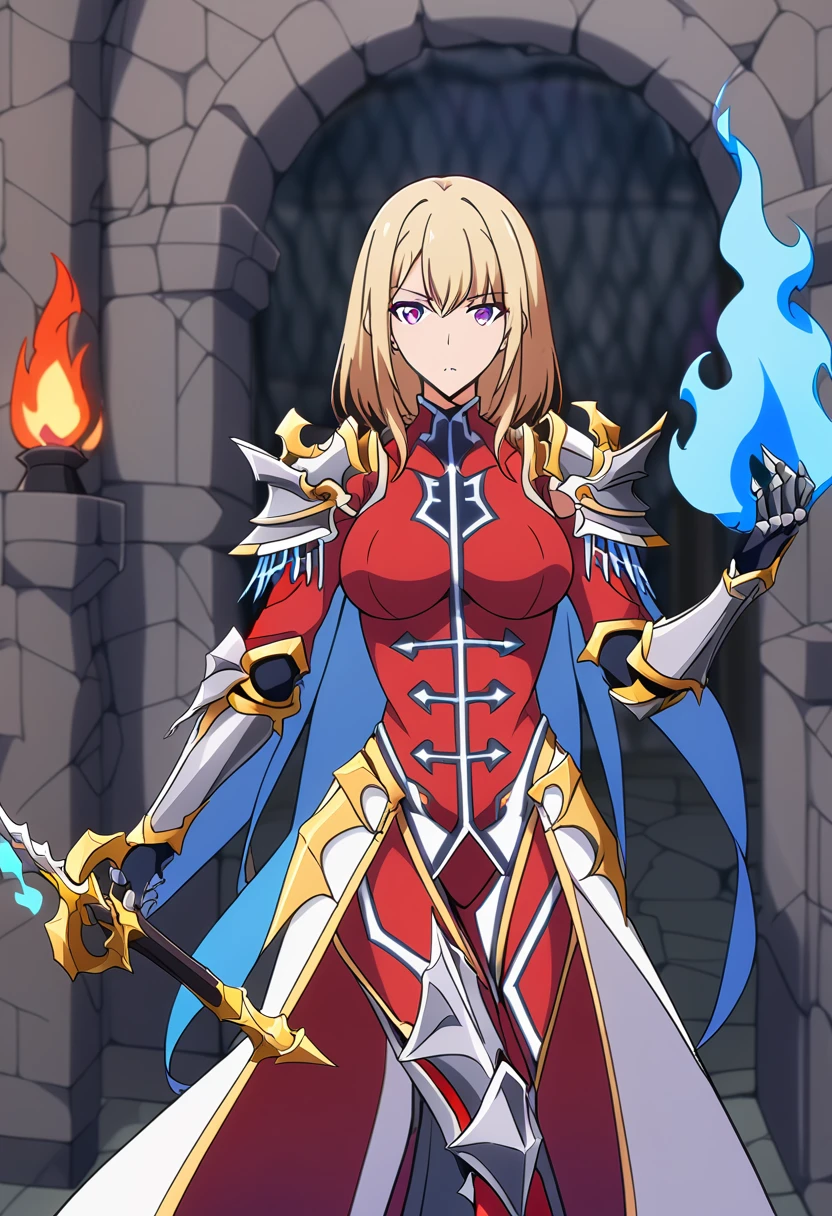 score_9, score_8_up, score_7_up,
ChaHaeInSL,
1girl, solo, closed mouth,
blonde hair, medium hair, purple eyes,
ChaHaeInArmor, red bodysuit, shoulder armor, gauntlets, armored boots, military, pelvic curtain, holding sword,
(standing:1.2), looking at the viewer, crossed legs,
indoors, dungeon, stone wall, wall, stone, blurry background, (blue fire, torch:1.2)