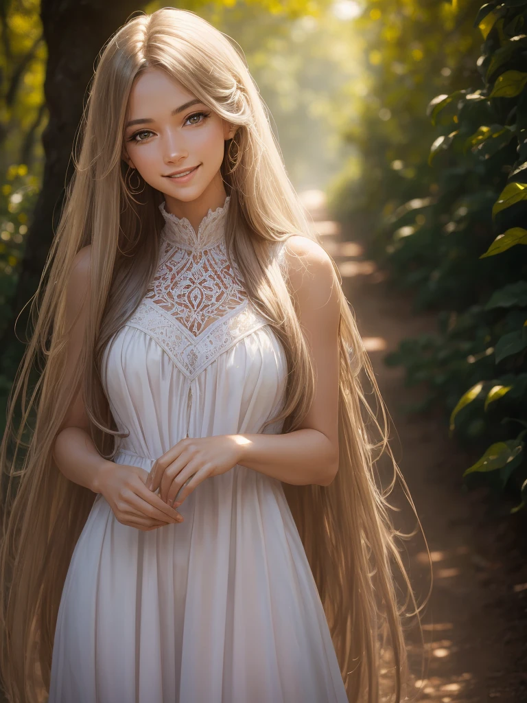 woman posing for a photo, Laugh, Happy, Long hair, Straight hair, finely detailed skin, During the day, A hot summer day, Nature lighting, detailed face:1.2, sharp focus, Hasselblad photography, masterpiece, Light makeup, cinematic lighting, 4k, best quality