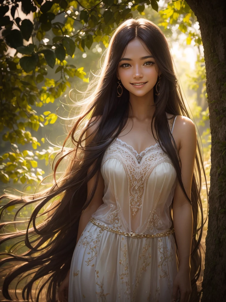 woman posing for a photo, Laugh, Happy, Long hair, Straight hair, finely detailed skin, During the day, A hot summer day, Nature lighting, detailed face:1.2, sharp focus, Hasselblad photography, masterpiece, Light makeup, cinematic lighting, 4k, best quality