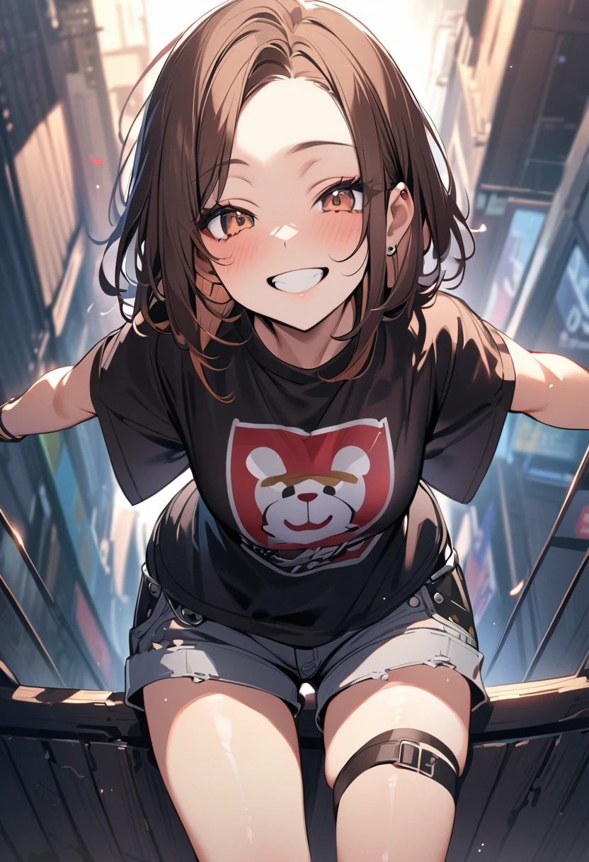 1 girl, bob, center part, forehead, brown hair, piercing, brown eyes, happy, grin,
BREAK (masterpiece), (high resolution 8K), detailed eyes and face, detailed body,
BREAK graphic-t, shorts,