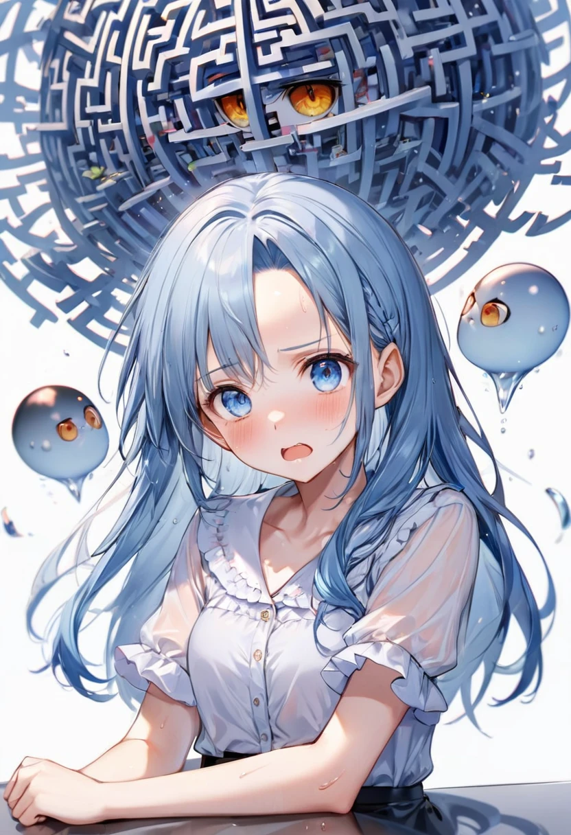 (Maze of Chaos style), (Be confused), (soro:2, 15 yo, forehead blue hair long hair cute girl, lovely blue eyes, confused face, sweaty skin), in a summer Neat blouse, BREAK, perfect anatomy, masterpiece, best quality, 16k, beautiful detailed fear, daydreaming expression.