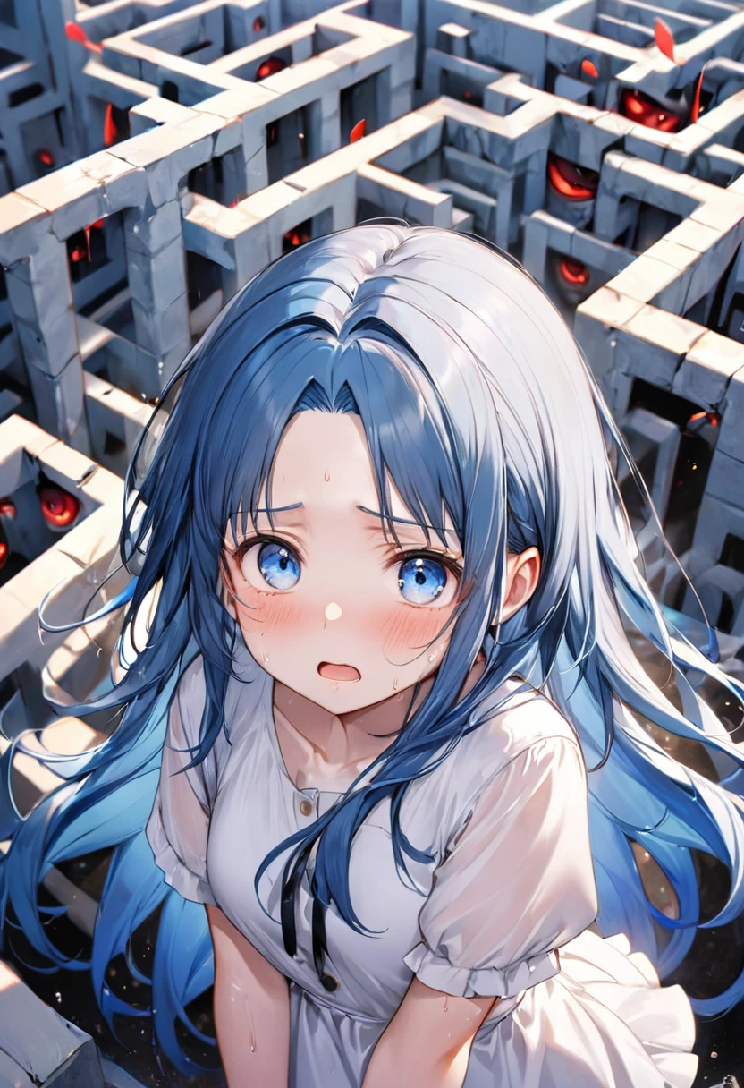 (Maze of Chaos style), (Be confused), (soro:2, 15 yo, forehead blue hair long hair cute girl, lovely blue eyes, confused face, sweaty skin), in a summer Neat blouse, BREAK, perfect anatomy, masterpiece, best quality, 16k, beautiful detailed fear, daydreaming expression.