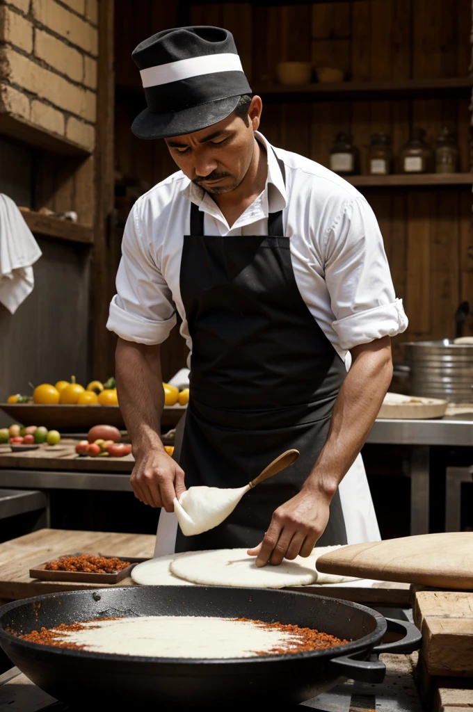 Generate images of a man making chorizo that looks white on black in the photo , as if it were times of the revolution, instead it is in Zacatecas Mexico