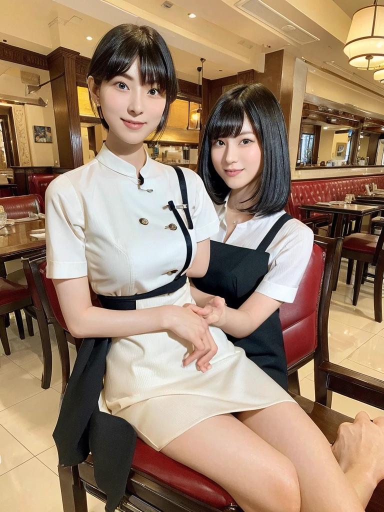 Highest quality、masterpiece、8k、Very detailed、Realistic、One person、Looking at me with a smile、whole body、Black Hair、Short Hair、Small face、Slender、Big Breasts、Thin and beautiful legs、narrow and constricted waist,、(Family Restaurant Uniforms:1.2)