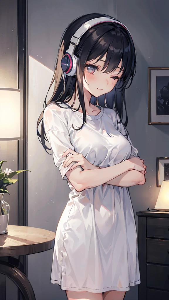 Close-up shot of a girl's profile, gazing off-camera with her eyes closed and a subtle smile as she listens to music on headphones. The dimly lit room is bathed in a warm, soft glow from a table lamp or string lights. Her relaxed posture and gentle expression convey a sense of serenity and escape into the musical world.